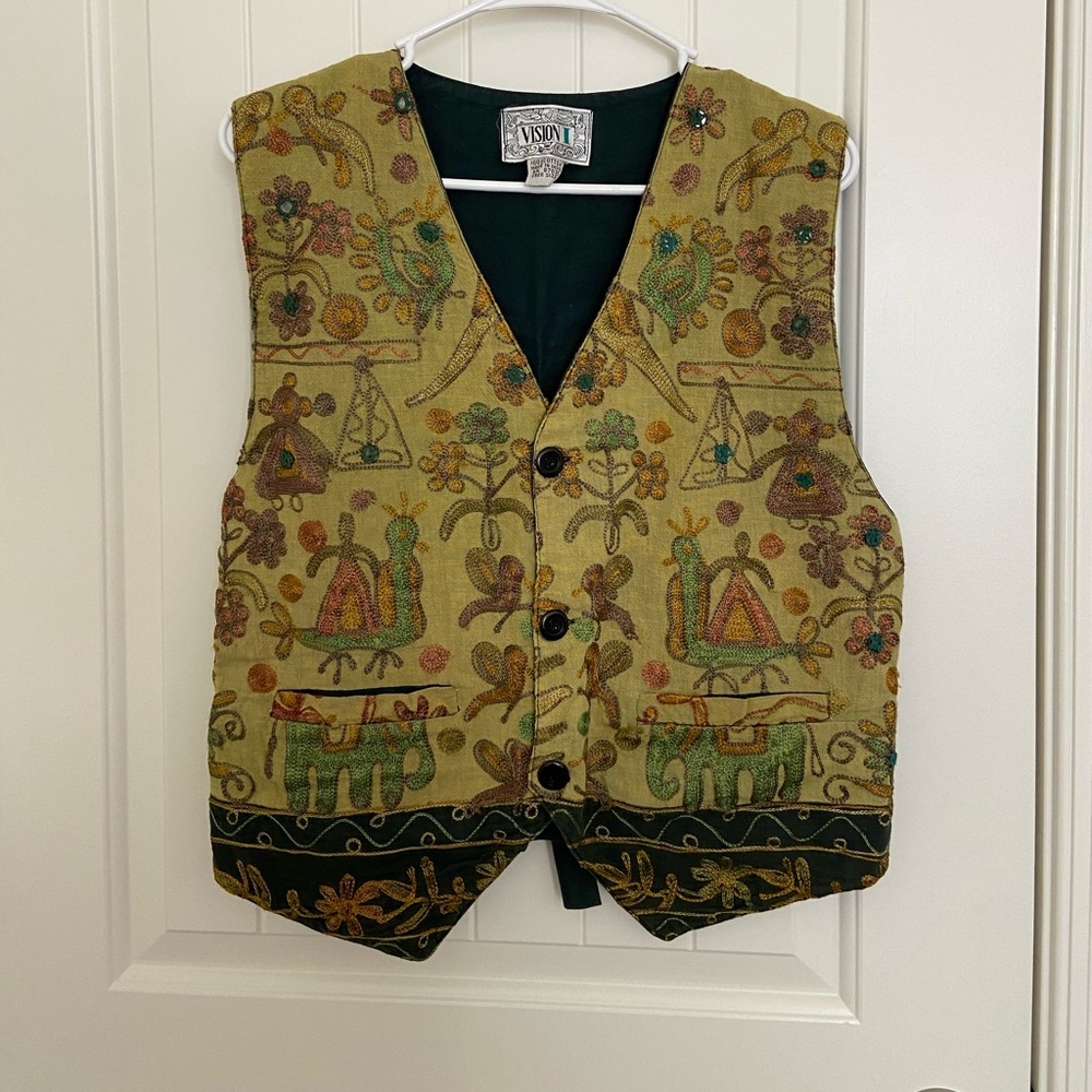 Vintage VISION I women’s embroidered button up cotton vest one size‎